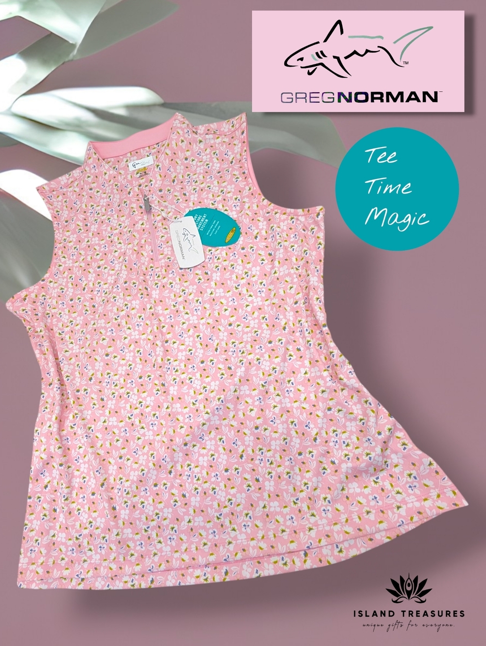 NWT Greg Norman Play Dry Women Sz XL Microfiber Pink Floral Sleeveless Golf Top